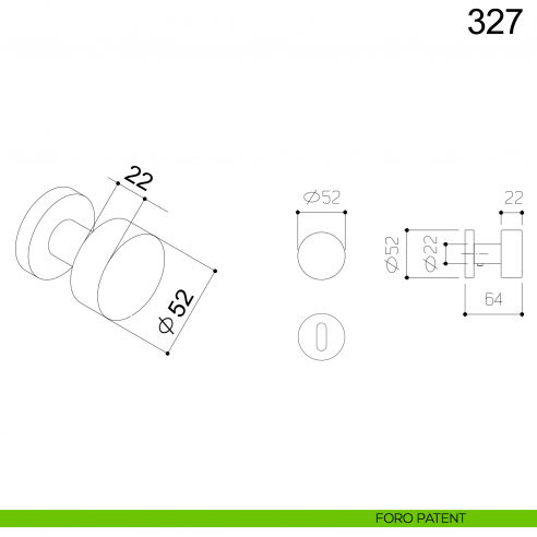 Pomolo piano girevole in acciaio per porta 327 Fimet Inox disegno foro patent