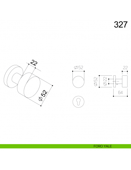 Pomolo piano girevole in acciaio per porta 327 Fimet Inox disegno foro yale
