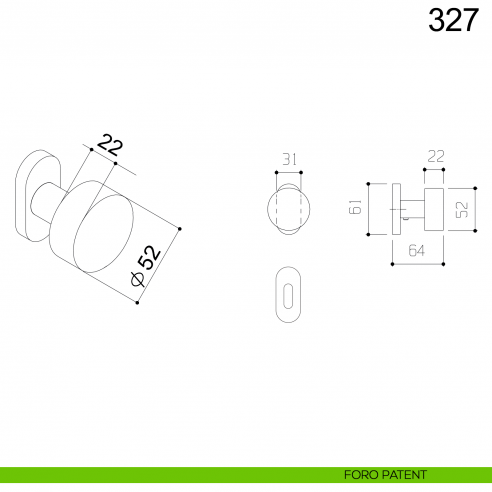 Pomolo girevole piano in acciaio per porta 327 Fimet Inox con rosetta ovale disegno foro patent