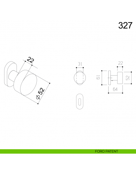 Pomolo girevole piano in acciaio per porta 327 Fimet Inox con rosetta ovale disegno foro patent