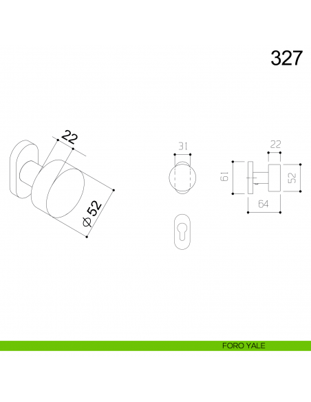 Pomolo girevole piano in acciaio per porta 327 Fimet Inox con rosetta ovale disegno foro yale
