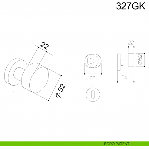 Pomolo piano in acciaio girevole spostato per porta 327GK Fimet Inox disegno foro patent