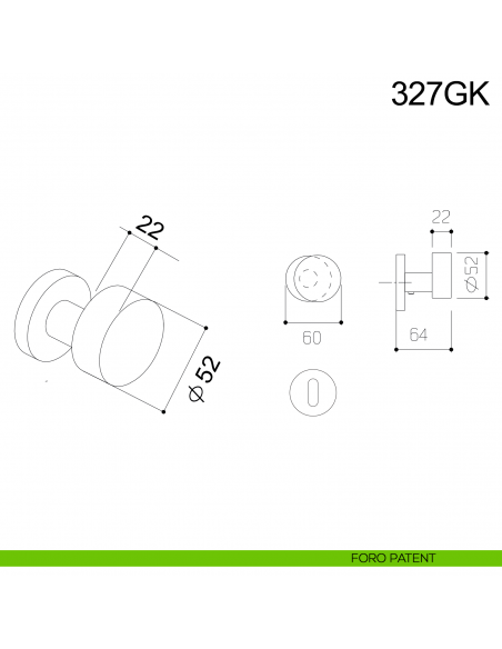 Pomolo piano in acciaio girevole spostato per porta 327GK Fimet Inox disegno foro patent
