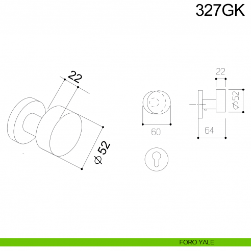 Pomolo piano in acciaio girevole spostato per porta 327GK Fimet Inox disegno foro yale