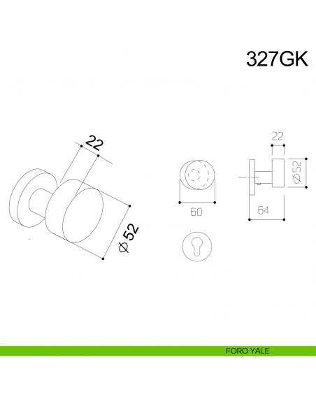 Pomolo piano in acciaio girevole spostato per porta 327GK Fimet Inox disegno foro yale