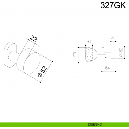 Pomolo fisso zancato tondo in acciaio per porta 327GK Fimet Inox disegno