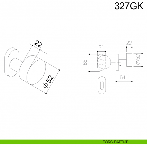 Pomolo tondo girevole spostato in acciaio per porta 327GK Fimet Inox con rosetta ovale disegno foro patent