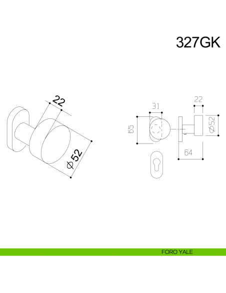 Pomolo tondo girevole spostato in acciaio per porta 327GK Fimet Inox con rosetta ovale disegno foro yale