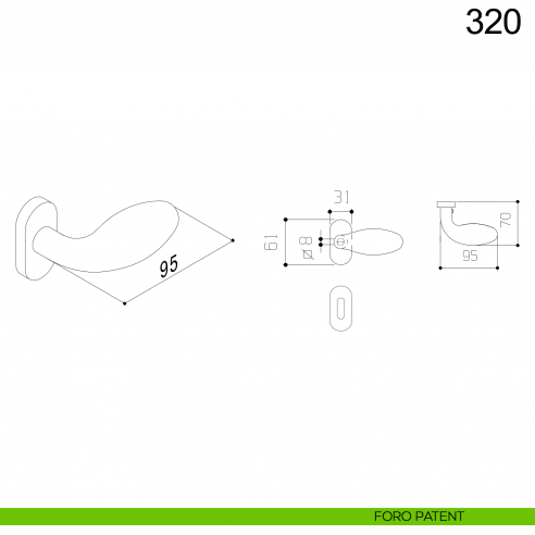 Pomolo spostato girevole in acciaio per porta 320 Fimet Inox con rosetta ovale disegno foro patent
