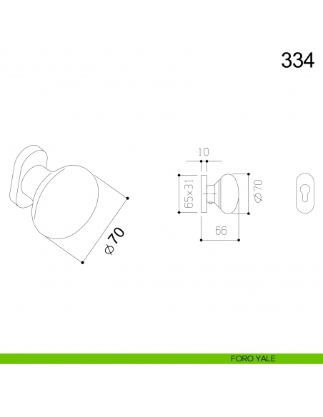 Pomolo in acciaio tondo girevole per porta 334 Fimet Inox con rosetta ovale disegno foro yale