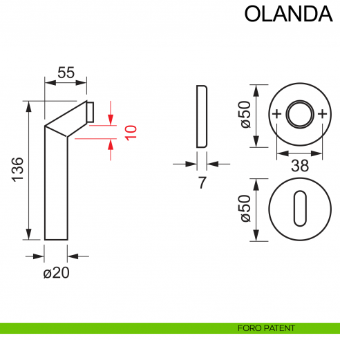 Maniglia zancata in acciaio per porta Olanda Fimet Inox disegno foro patent