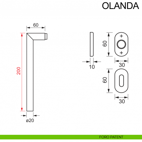 Maniglia in acciaio per porta con impugnatura 200 mm Olanda Fimet Inox rosetta ovale disegno foro patent