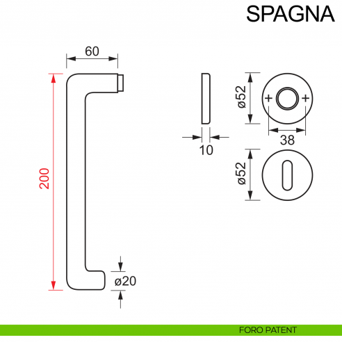 Maniglia in acciaio per porta con impugnatura 200 mm Spagna Fimet Inox disegno foro patent