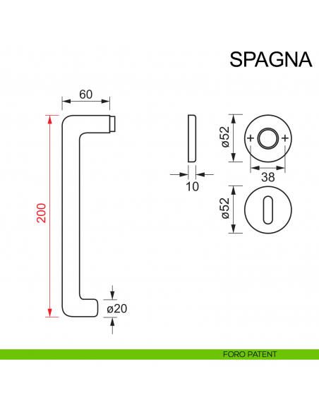 Maniglia in acciaio per porta con impugnatura 200 mm Spagna Fimet Inox disegno foro patent