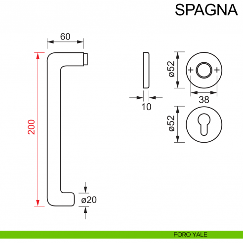 Maniglia in acciaio per porta con impugnatura 200 mm Spagna Fimet Inox disegno foro yale