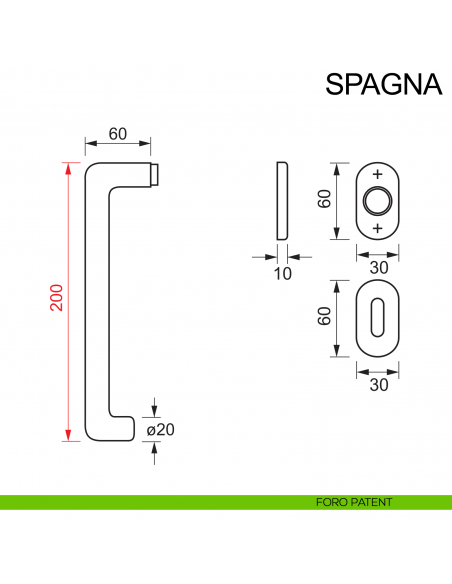 Maniglia in acciaio per porta con impugnatura 200 mm Spagna Fimet Inox rosetta ovale disegno foro patent
