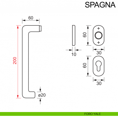 Maniglia in acciaio per porta con impugnatura 200 mm Spagna Fimet Inox rosetta ovale disegno foro yale