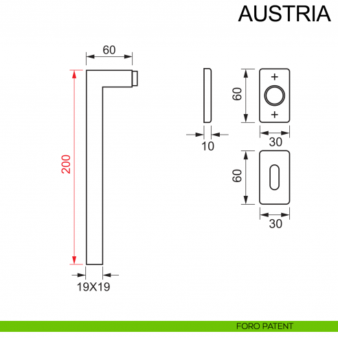 Maniglia in acciaio per porta con impugnatura 200 mm Austria Fimet Inox rosetta rettangolare disegno foro patent
