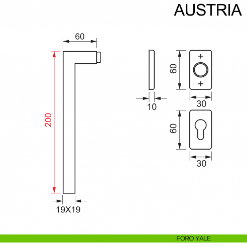 Maniglia in acciaio per porta con impugnatura 200 mm Austria Fimet Inox rosetta rettangolare disegno foro yale