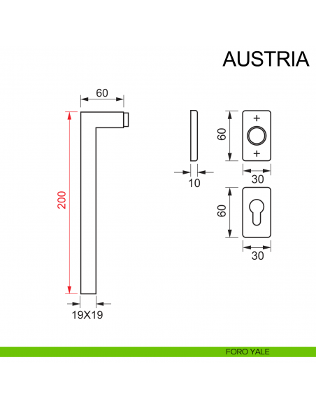 Maniglia in acciaio per porta con impugnatura 200 mm Austria Fimet Inox rosetta rettangolare disegno foro yale