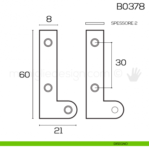 Cerniera a perno doppio a squadra per mobili 60 mm B0378 disegno