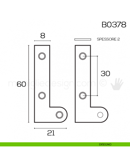 Cerniera a perno doppio a squadra per mobili 60 mm B0378 disegno