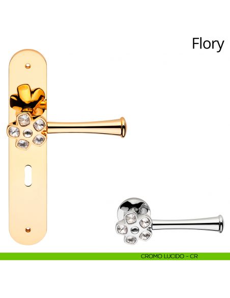 Maniglia con placca Swarovski per porta interna Flory Linea Calì patent cromo lucido