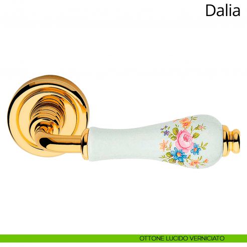 Maniglia porcellana bianca con fiori Dalia Linea Calì ottone lucido verniciato