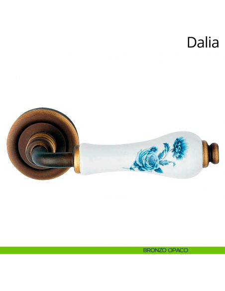 Maniglia porcellana bianca con fiori blu Dalia Linea Calì bronzo opaco
