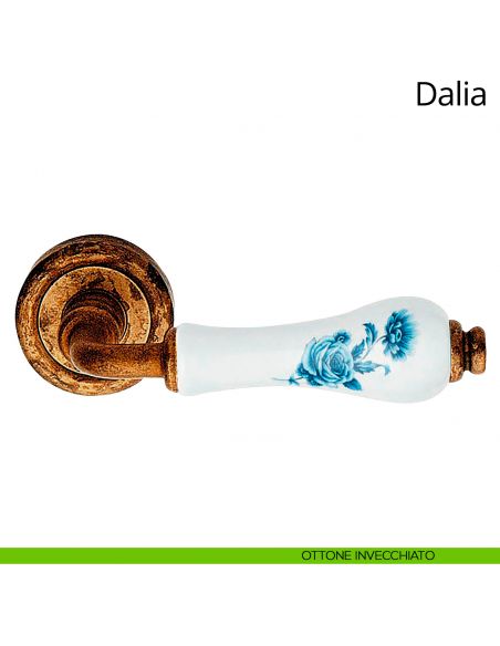 Maniglia porcellana bianca con fiori blu Dalia Linea Calì ottone invecchiato