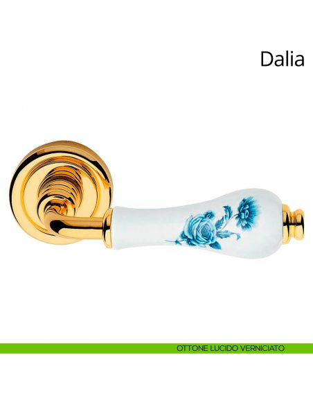 Maniglia porcellana bianca con fiori blu Dalia Linea Calì ottone lucido verniciato