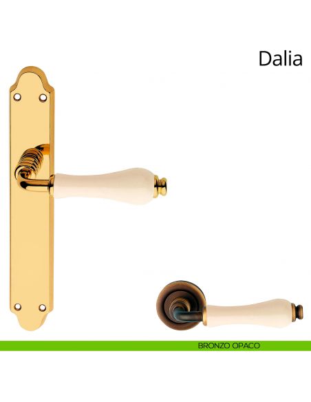 Maniglia con placca per porta porcellana avorio Dalia Linea Calì bronzo opaco cieca