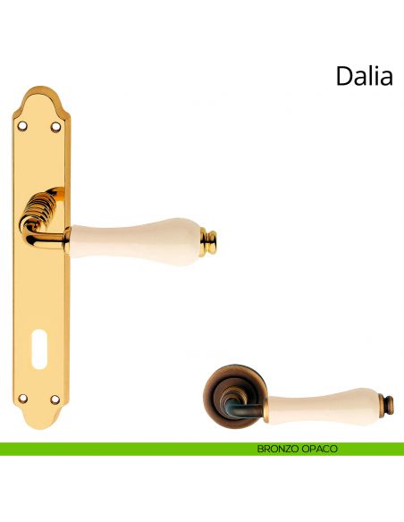 Maniglia con placca per porta porcellana avorio Dalia Linea Calì bronzo opaco patent