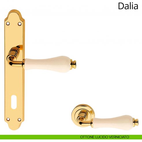 Maniglia con placca per porta porcellana avorio Dalia Linea Calì ottone lucido verniciato patent