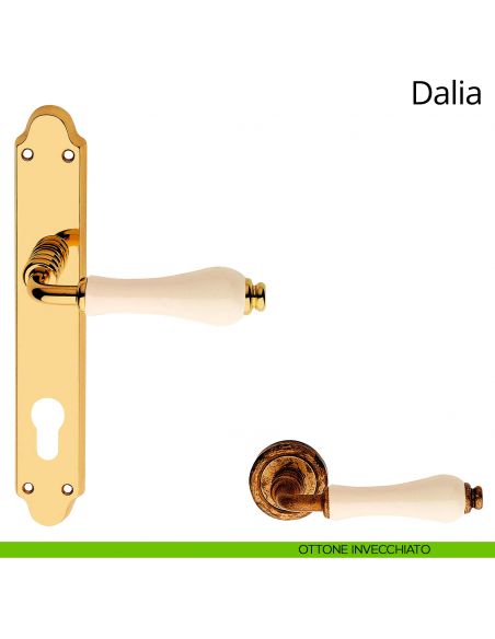 Maniglia con placca per porta porcellana avorio Dalia Linea Calì ottone invecchiato yale