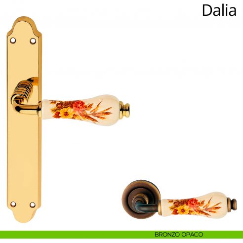 Maniglia porcellana avorio decorata con placca per porta Dalia Linea Calì cieca bronzo opaco
