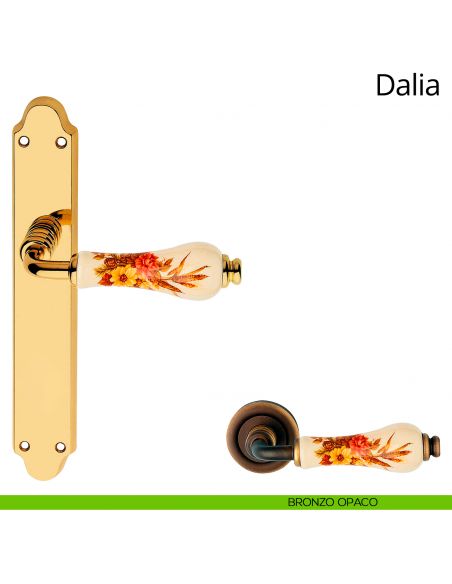 Maniglia porcellana avorio decorata con placca per porta Dalia Linea Calì cieca bronzo opaco