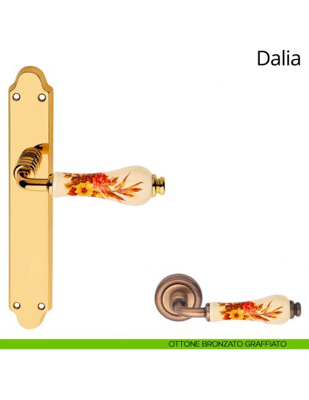 Maniglia porcellana avorio decorata con placca per porta Dalia Linea Calì cieca ottone bronzato satinato