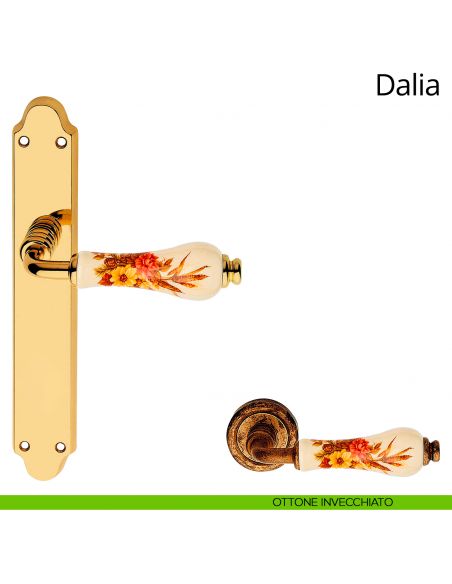 Maniglia porcellana avorio decorata con placca per porta Dalia Linea Calì ottone anticato