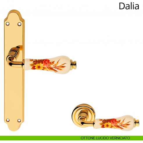 Maniglia porcellana avorio decorata con placca per porta Dalia Linea Calì ottone lucido verniciato