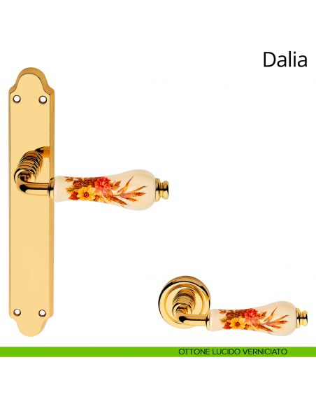 Maniglia porcellana avorio decorata con placca per porta Dalia Linea Calì ottone lucido verniciato