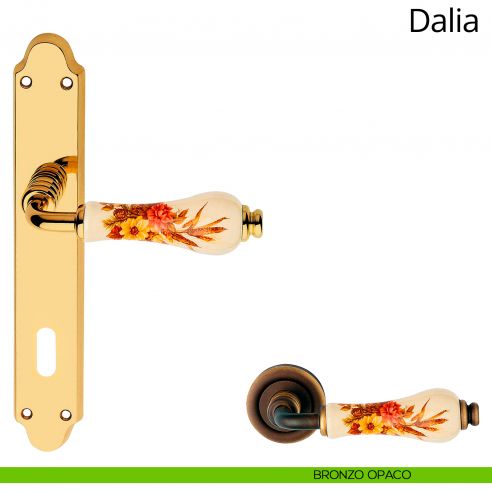 Maniglia porcellana avorio decorata con placca per porta Dalia Linea Calì patent bronzo opaco