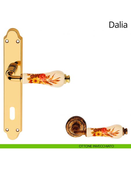 Maniglia porcellana avorio decorata con placca per porta Dalia Linea Calì patent ottone anticato