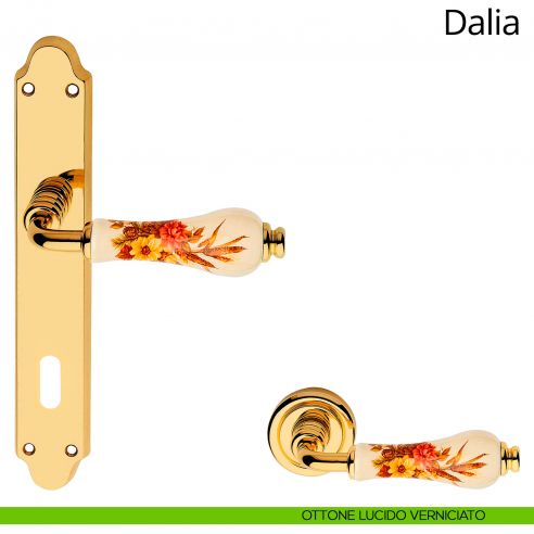 Maniglia porcellana avorio decorata con placca per porta Dalia Linea Calì patent ottone lucido verniciato