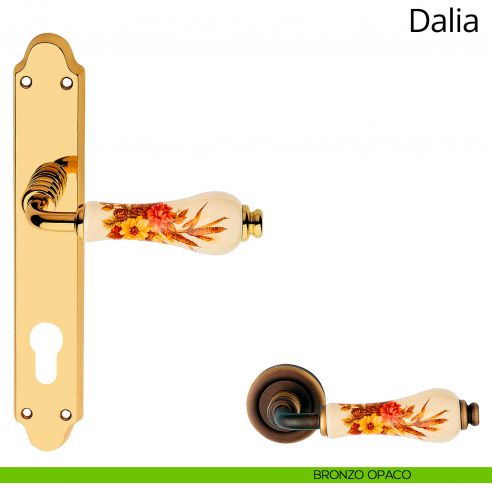 Maniglia porcellana avorio decorata con placca per porta Dalia Linea Calì yale bronzo opaco