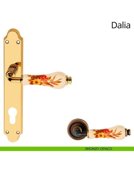 Maniglia porcellana avorio decorata con placca per porta Dalia Linea Calì yale bronzo opaco