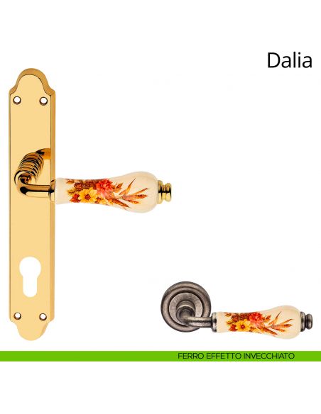 Maniglia porcellana avorio decorata con placca per porta Dalia Linea Calì yale ferro effetto invecchiato