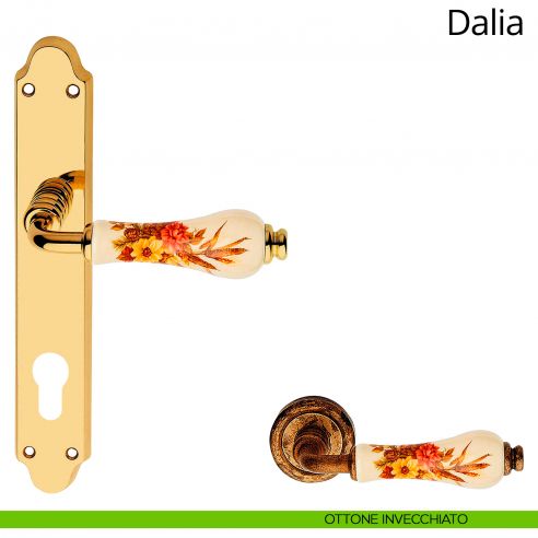 Maniglia porcellana avorio decorata con placca per porta Dalia Linea Calì yale ottone anticato