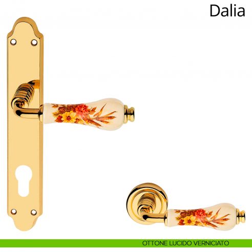 Maniglia porcellana avorio decorata con placca per porta Dalia Linea Calì yale ottone lucido verniciato