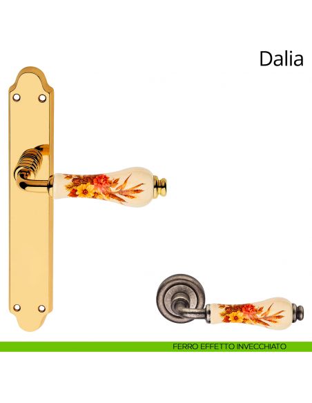 Maniglia porcellana avorio decorata con placca per porta Dalia Linea Calì cieca ferro effetto invecchiato
